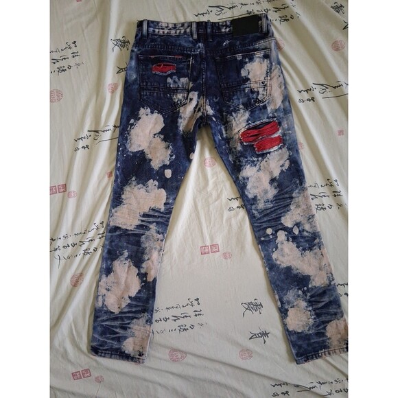 Smoke Rise Jeans Mens 34x32 Blue Denim Distressed Graphic Streetwear Punk - Picture 6 of 8